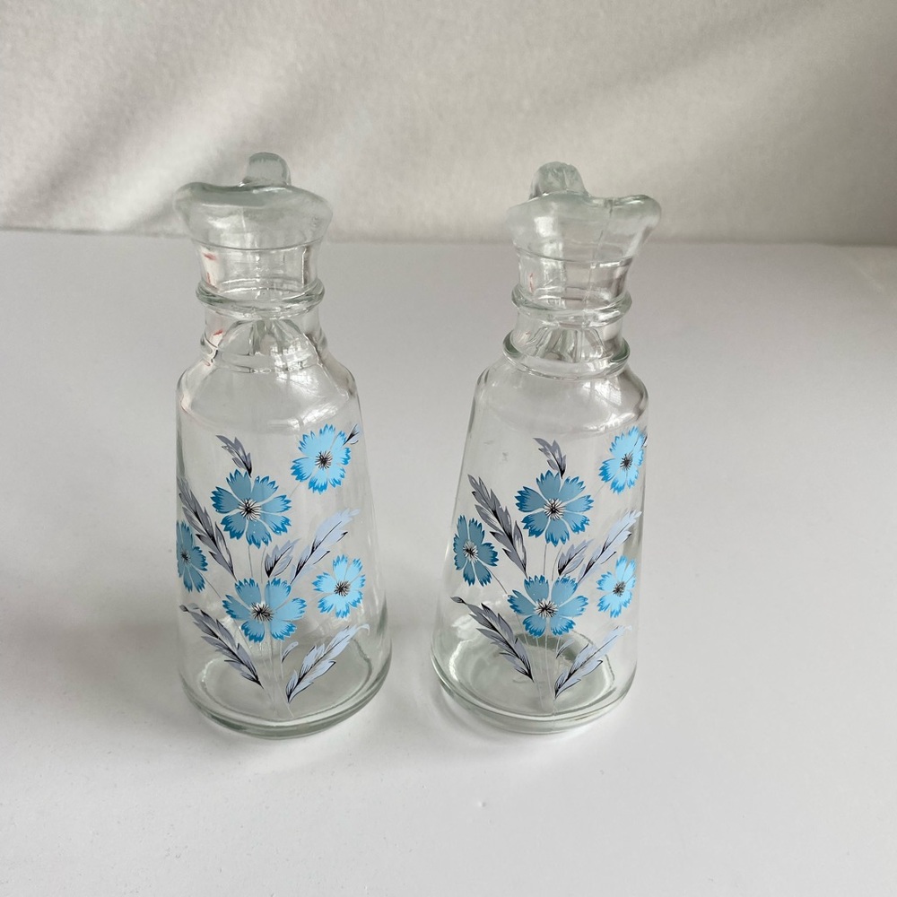 Vintage MCM Vinegar & Oil Bottles Blue Flowers Kitchen Dining 60s 70s No Stopper